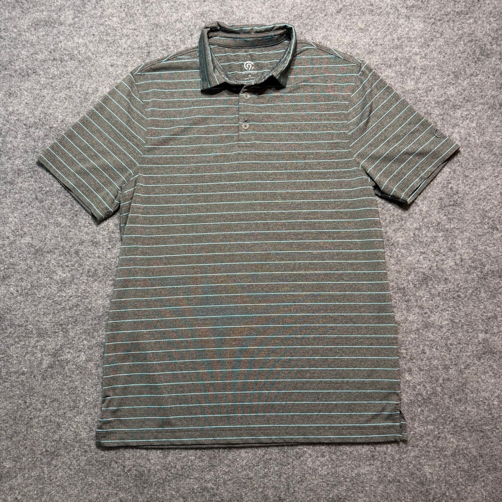 CHAMPION Mens Short Sleeve Striped Performance Polo Shirt Gray Teal Medium